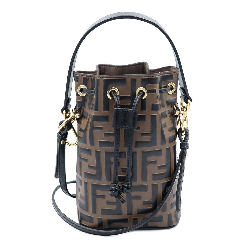 Fendi Zucca Mon Trsor Drawstring Calfskin Brown Black Crossbody Leather